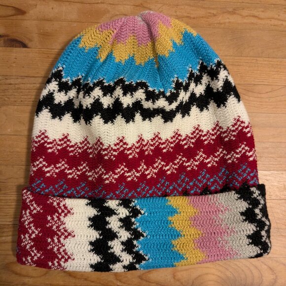 Missoni Zigzag Wool Blend Beanie Winter Hat Jacquard Zigzag Knit Folded Cuff - Picture 1 of 9